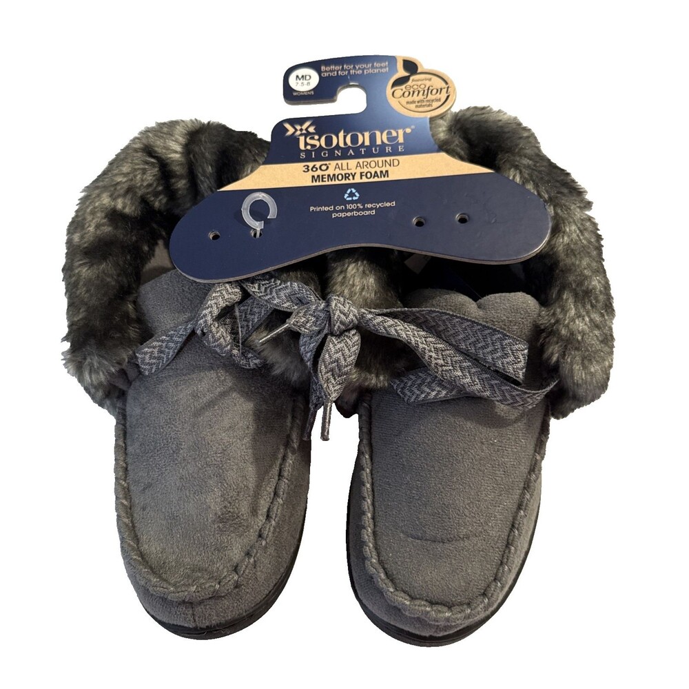 Isotoner Womens NWT Fuzzy Grey Suede Nelly Moc Bootie Slippers 7.5-8 Memory Foam